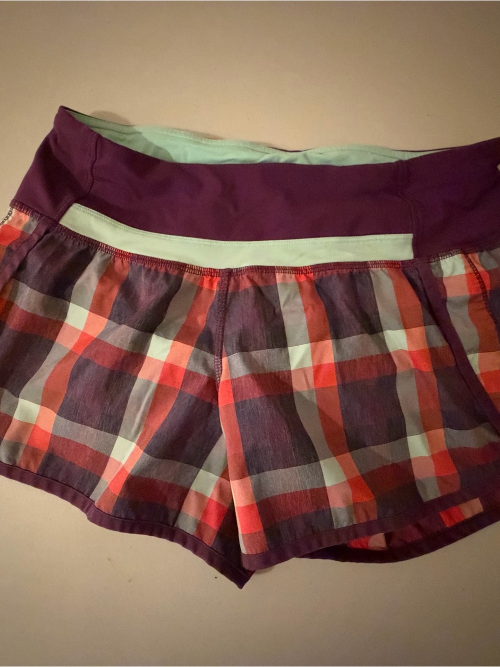 Lululemon Plaid Women’s Speed Shorts with Purple Waistband